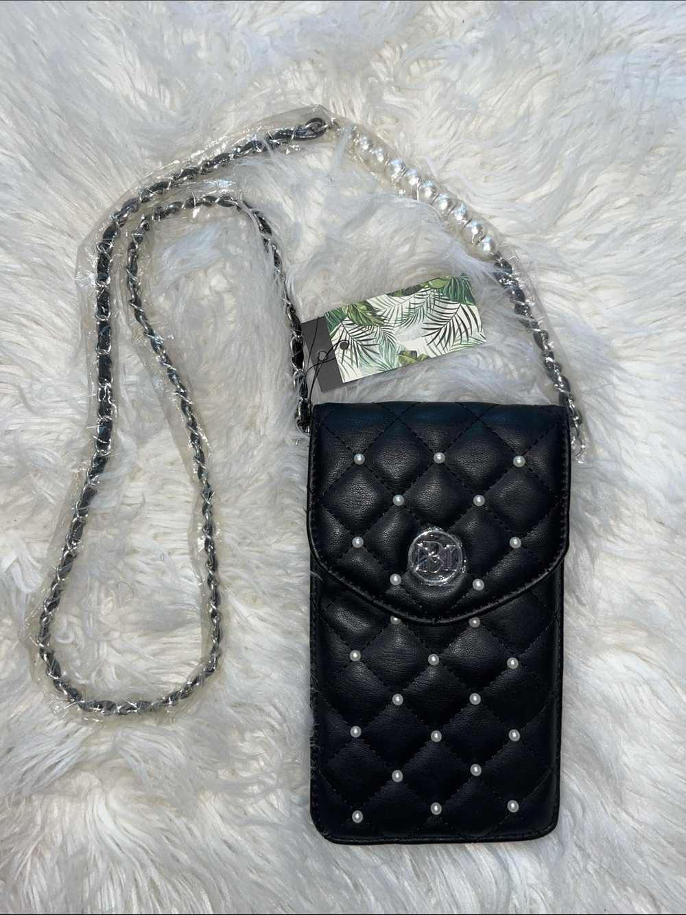 Badgley Mischka Black Quilted Pearl-Accent Crossbody Phone Case